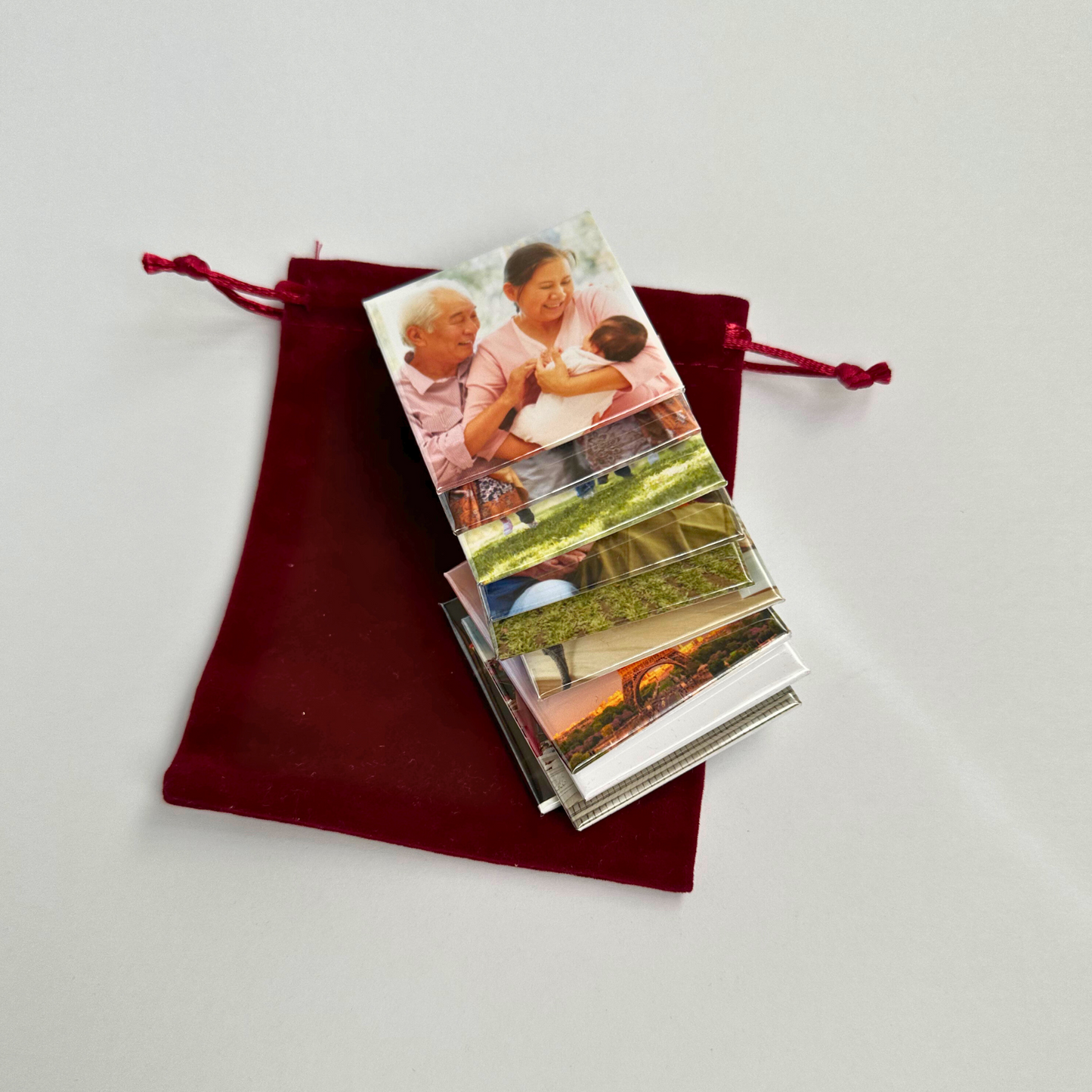Set of 9 custom photo magnets with pouch – Ideal for gifting and organizing.